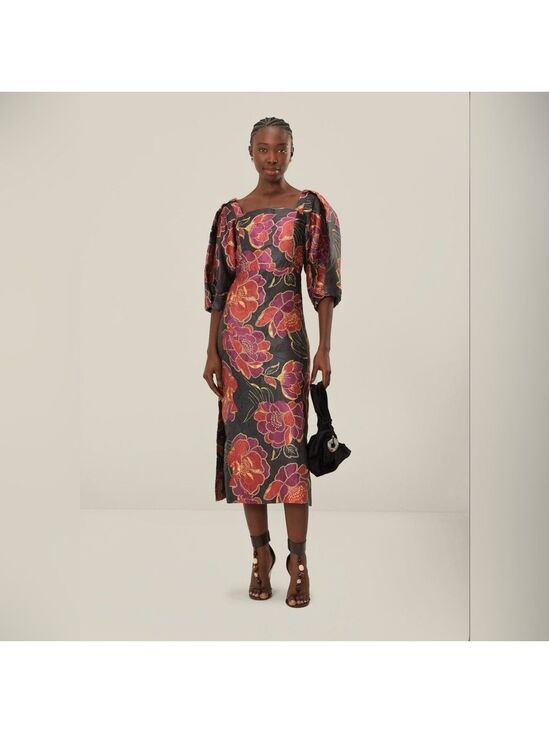 FARM Rio Dresses & Skirts - Farm Rio Black Shiny Chita Short Sleeve Midi Dress